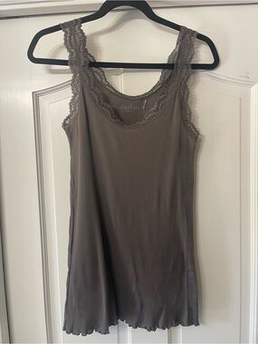 Caslon Ribbed Knit Top in Taupe with Crochet Trim